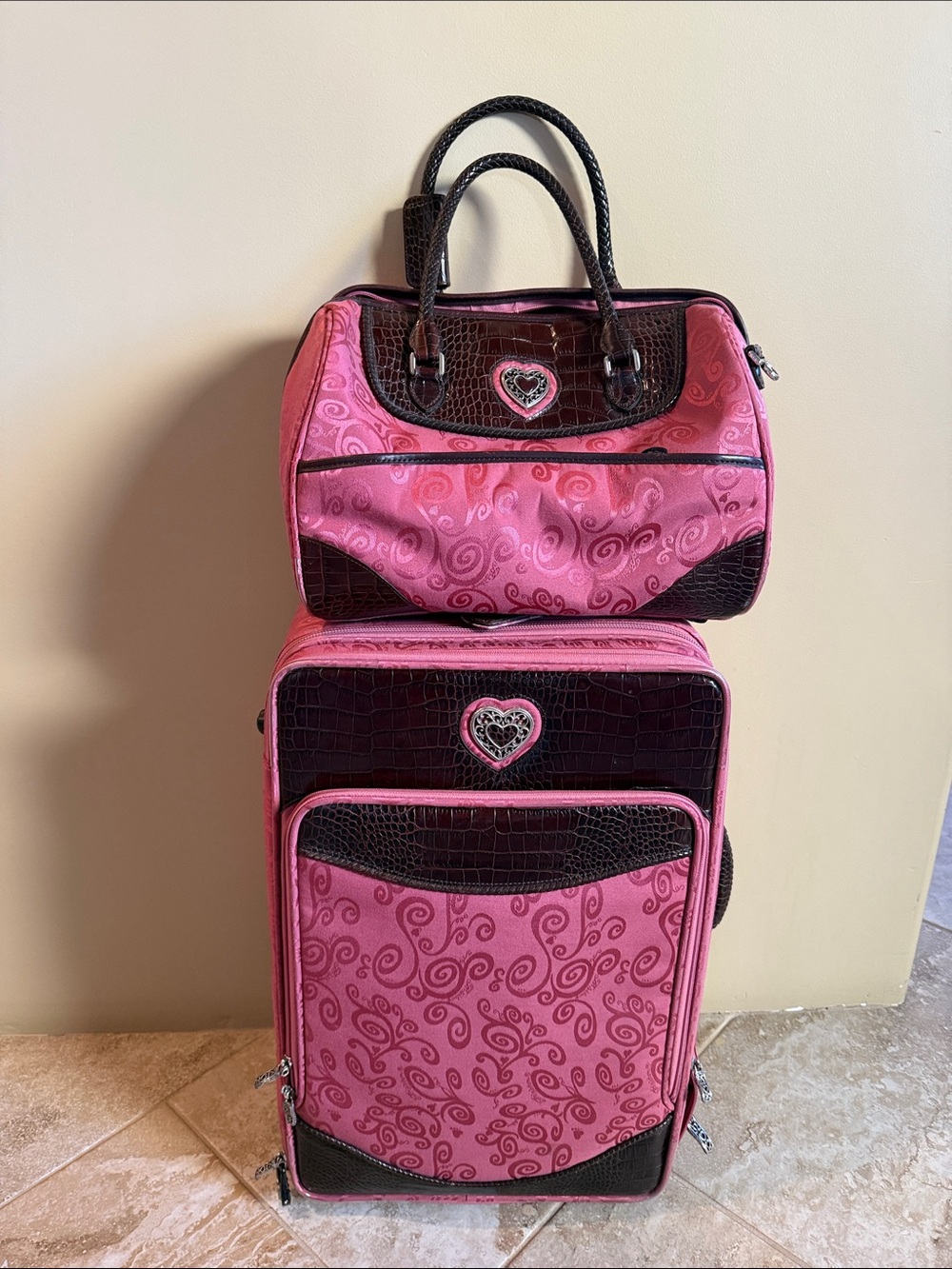 Brighton Pink and Brown Carry On Luggage Set